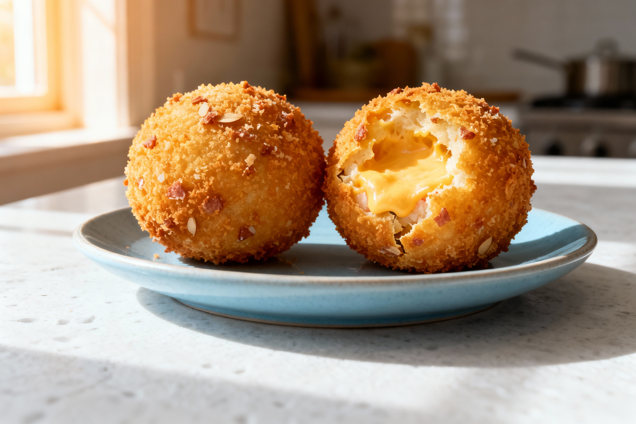 t at around 40 degrees of two Cheesy Crab Bomb Balls placed side-by-side on a light blue ceramic pla