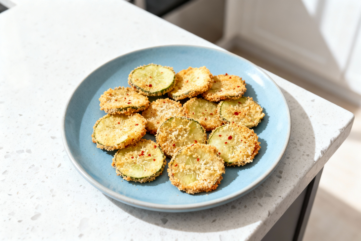 top-down view of a single serving of crispy keto fried pickles plated on a light blue ceramic plate