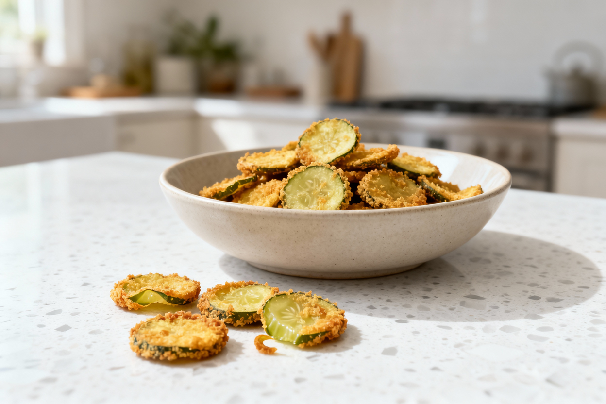 ew of the same crispy keto fried pickles, approximately 35 degrees. The golden, crusted pickle chips