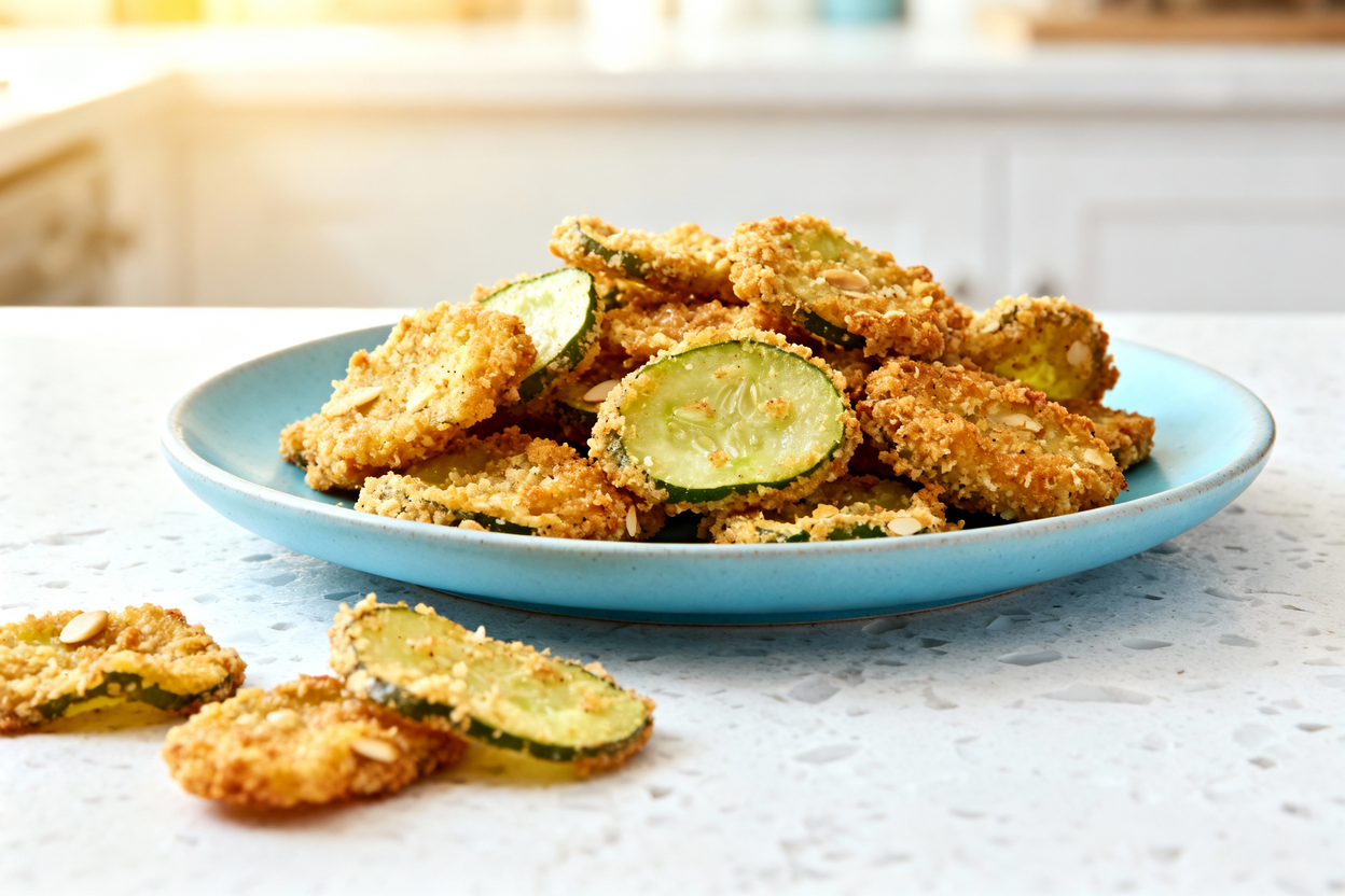  (around 40 degrees) of the crispy keto fried pickles plated on the same light blue ceramic plate. T