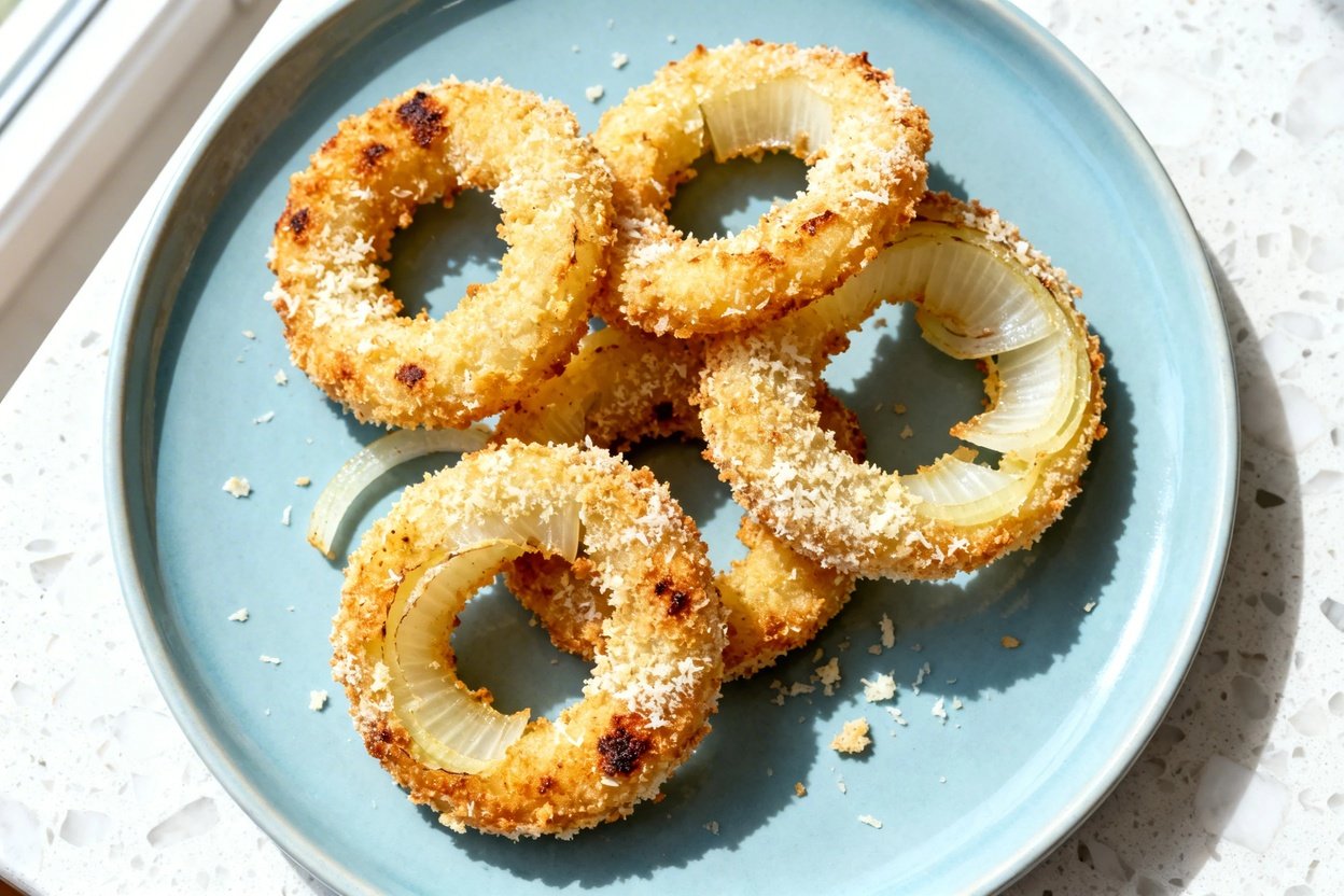 top-down food photo of a single serving of keto onion rings: thick onion ring slices coated in a cri