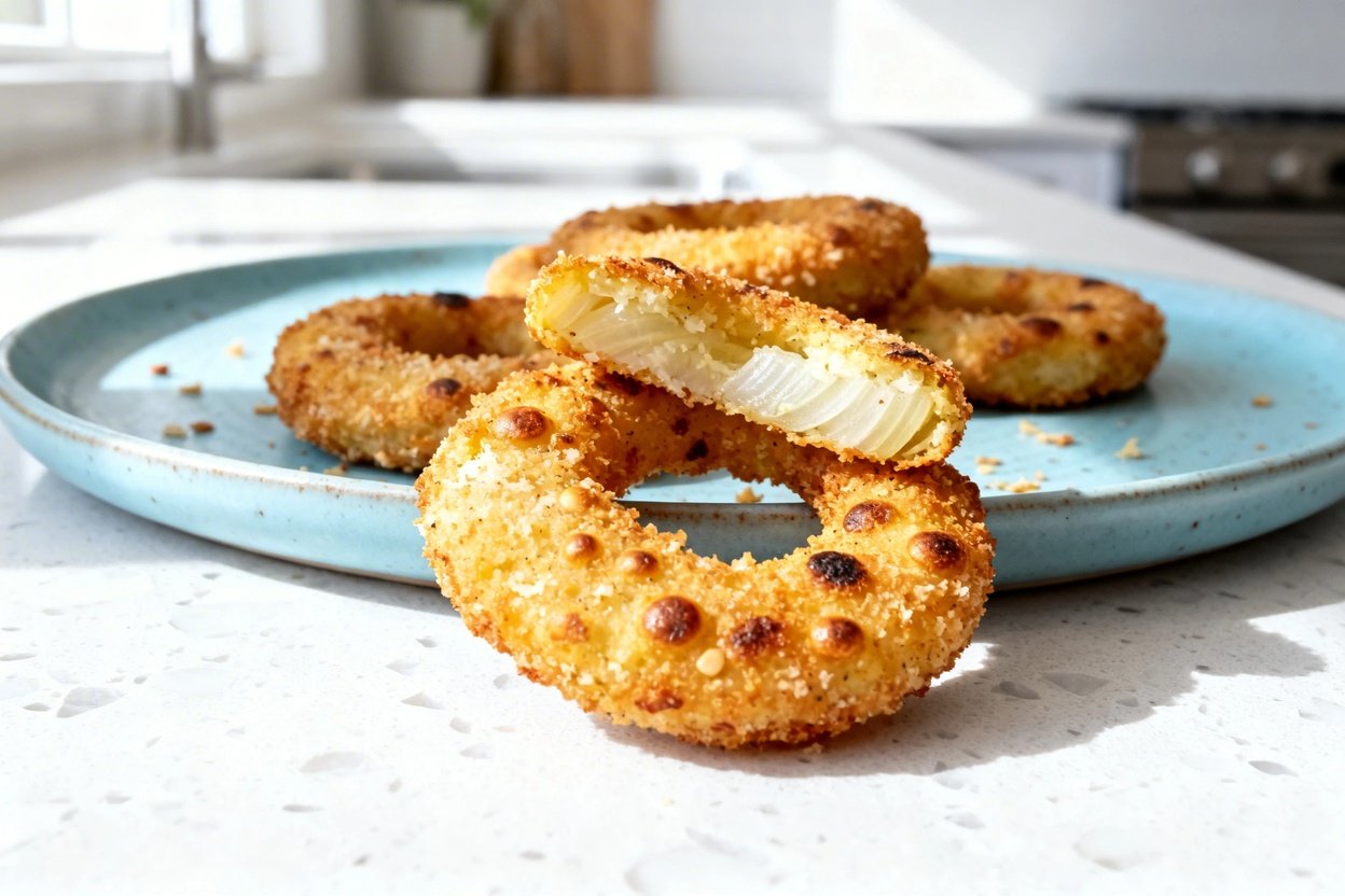 close-up hero shot focusing on texture of the same keto onion rings on the same light blue ceramic p