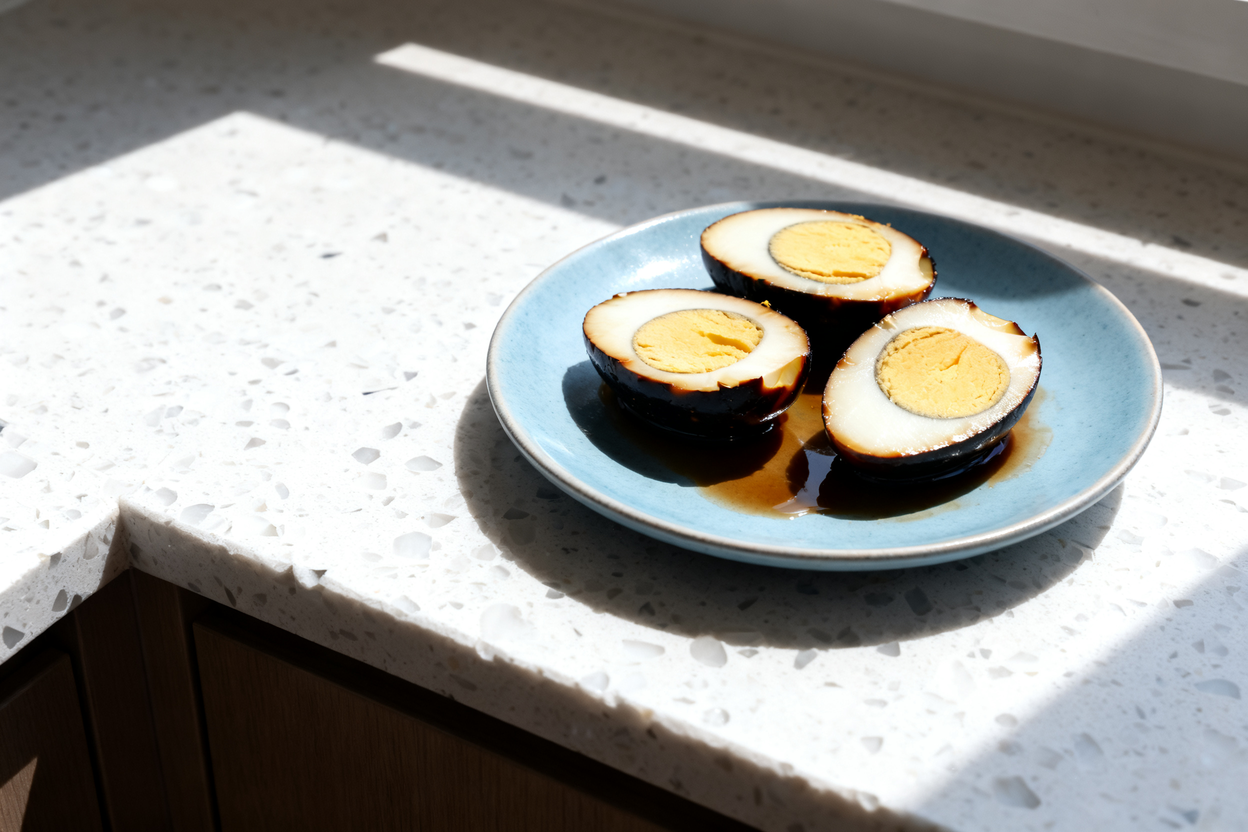 shot of three marinated keto soy sauce eggs sliced in half lengthwise, showcasing creamy golden yolk