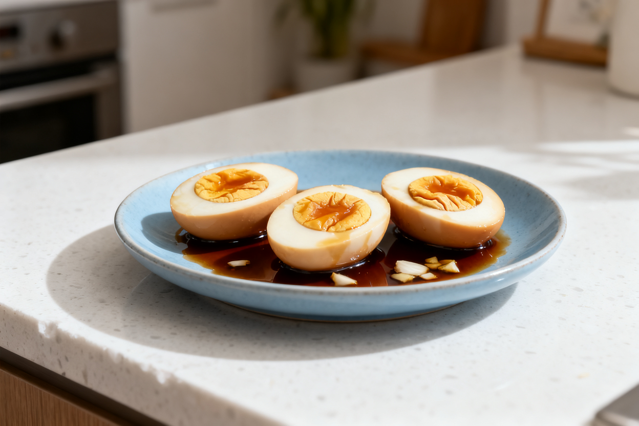 bout 35 degrees) camera view of the same three soy-marinated keto eggs, halved lengthwise and arrang