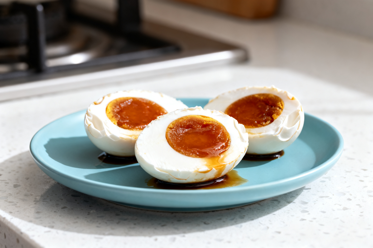 e hero shot highlighting the texture of the same three halved soy sauce marinated eggs. The eggs are