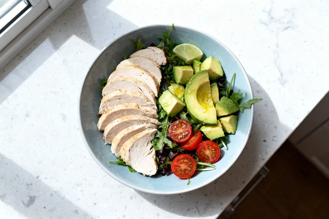 top-down food photo of a finished Avocado Chicken Keto Lunch Bowl: sliced lean chicken breast arran