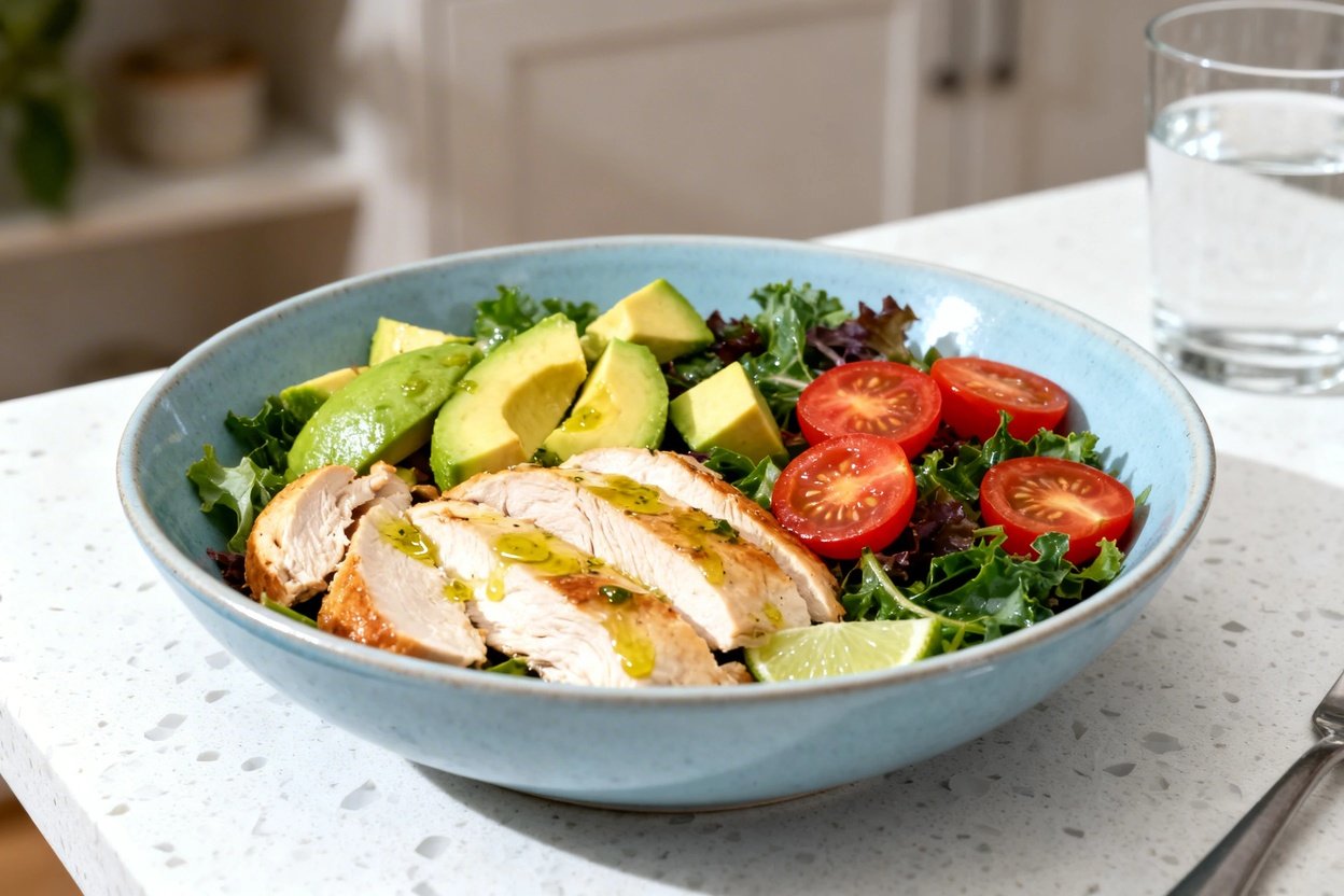 bout 30–40°) contextual food photo of the exact same finished Avocado Chicken Keto Lunch Bowl (same
