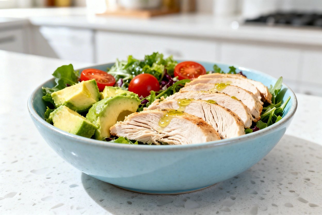 shot (about 30–45°) emphasizing texture of the same finished Avocado Chicken Keto Lunch Bowl on the