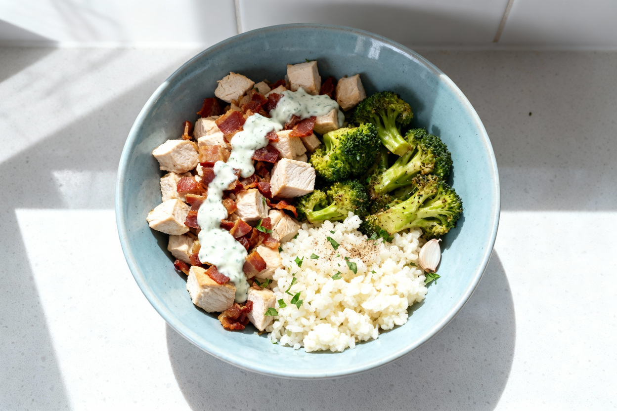 top-down view of a single serving of the Chicken Bacon Ranch Keto Bowl, plated on a light blue cera