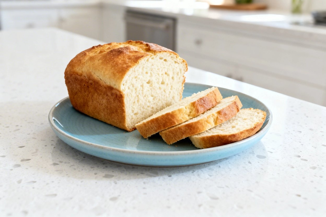 bout 30–40 degrees) realistic home kitchen photo of the same Fluffy Keto Cottage Cheese Bread loaf a