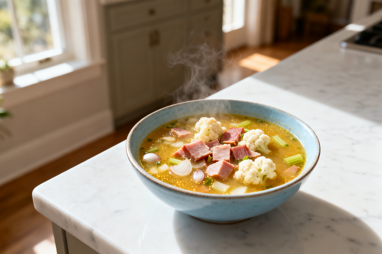 otograph taken from a 35-degree angle, showing the same keto-friendly ham and 'bean' soup portion in