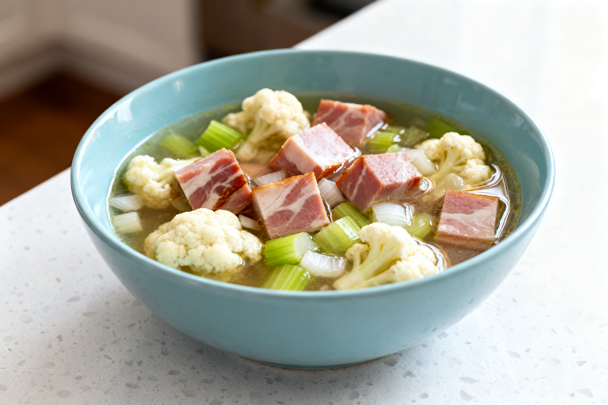 lose-up hero shot of the finished keto ham and 'bean' soup, plated in a round light blue ceramic bow