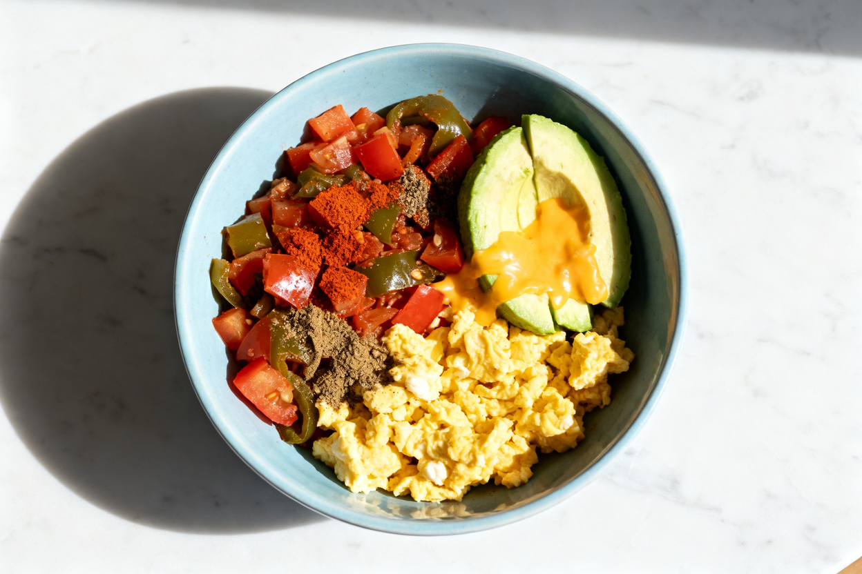 west keto breakfast bowl photographed from a true overhead, top-down angle. The dish features fluffy