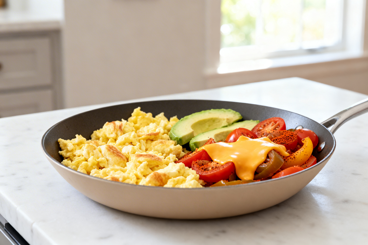 keto breakfast bowl photographed from a slightly angled perspective (~35 degrees). The same dish as