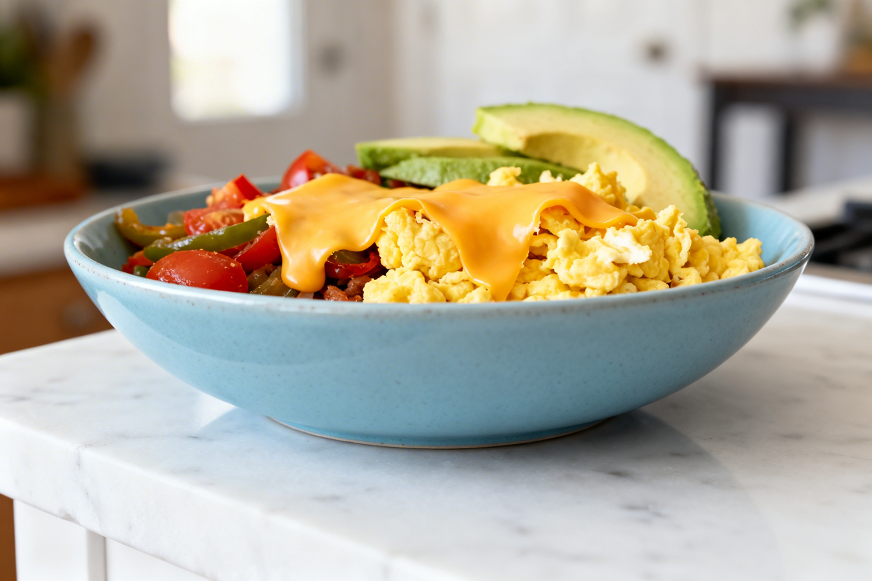 eto breakfast bowl photographed at a close-up angle (~40 degrees) to highlight rich texture. The dis