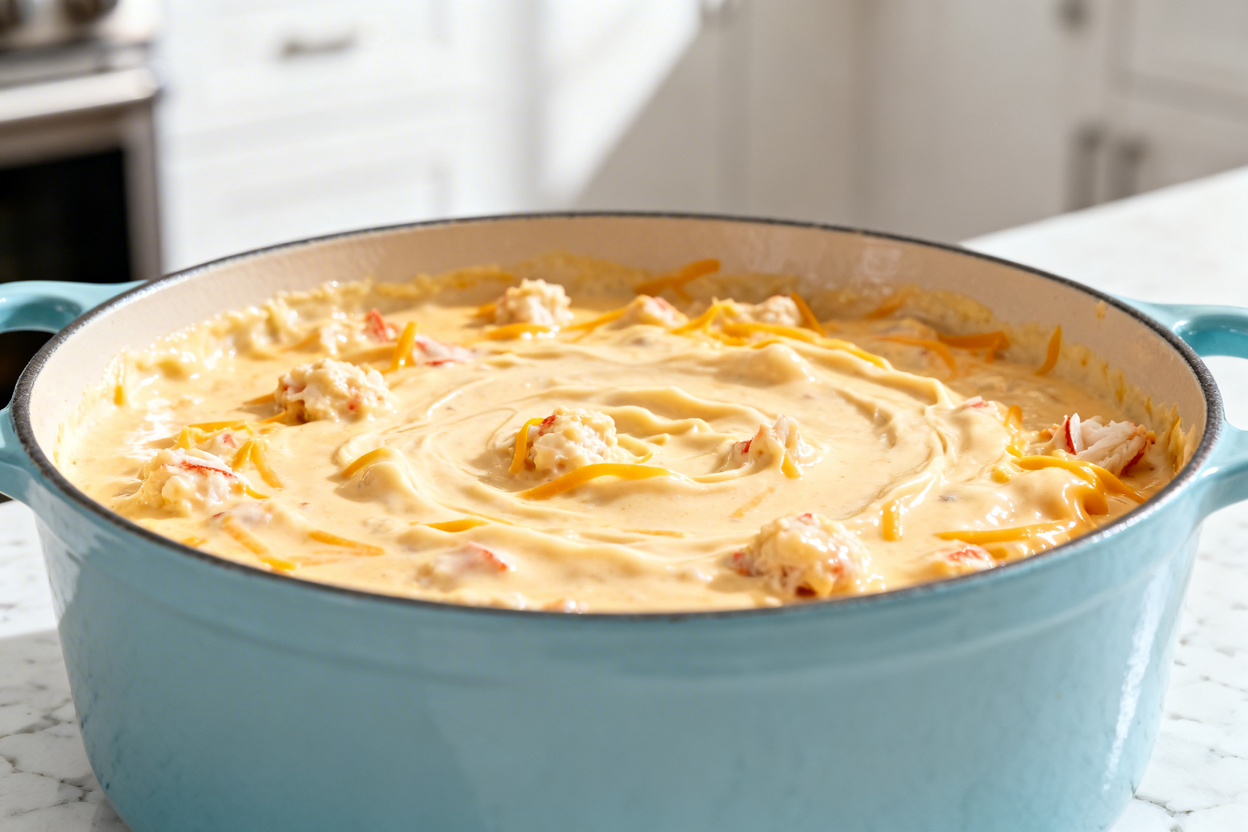  shot (about 40–45 degrees) of the same finished keto crab and cheese fondue served in the same ligh