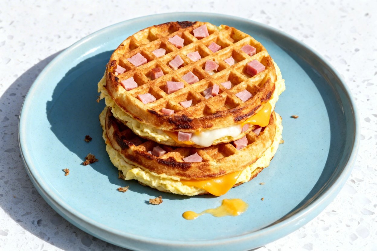 top-down food photo of a single serving of ham and cheese keto chaffles: two round, waffle-maker ch