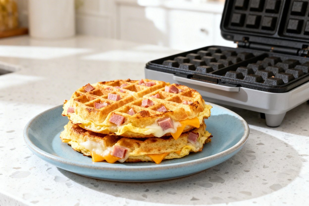 bout 35 degrees) photo of the exact same finished ham and cheese keto chaffles from the same batch: