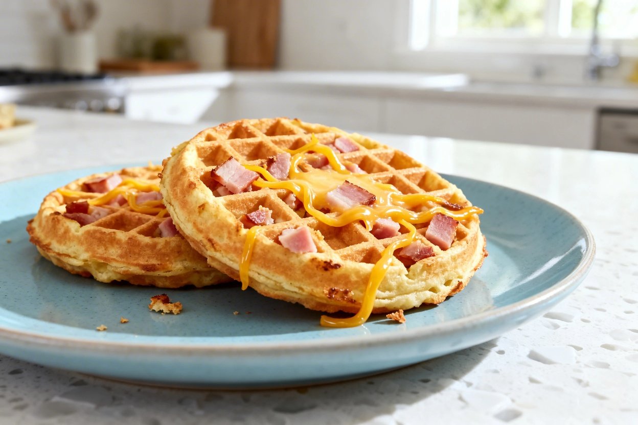 shot (about 40–45 degrees) tightly framed on the same finished ham and cheese keto chaffles: two ro