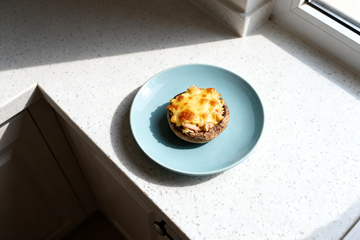 shot of a single serving of cheesy crab stuffed mushrooms, plated casually on a light blue ceramic p