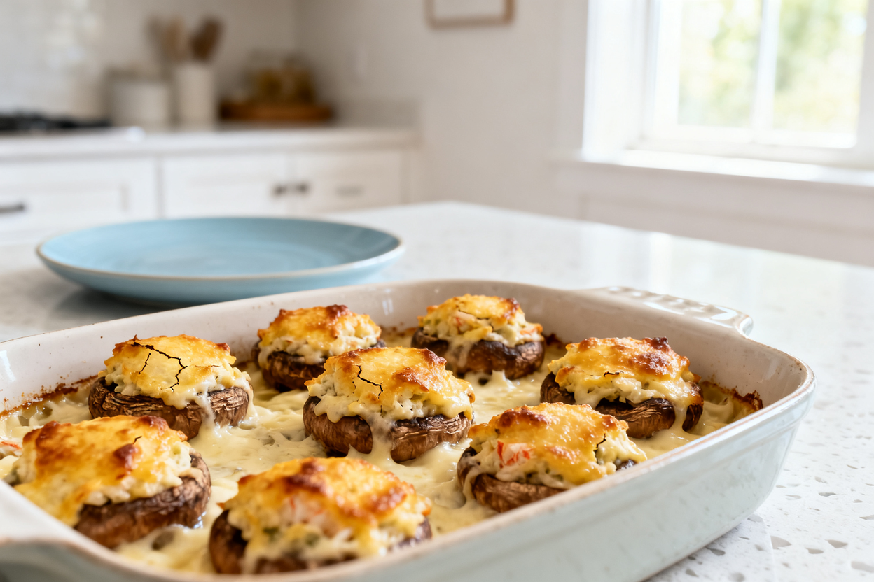 bout 35 degrees) image showing the same cheesy crab stuffed mushrooms in the final cooking vessel — 
