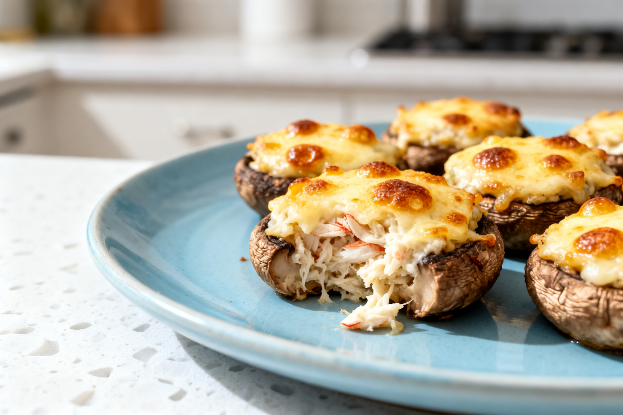 f the same cheesy crab stuffed mushrooms from a 40-degree angle, plated on the same light blue ceram