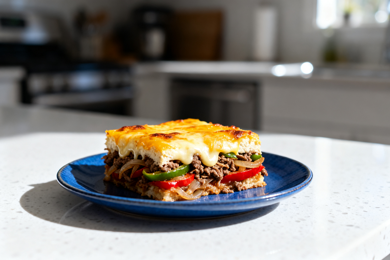  (30–40 degree) shot of the same portion of keto cheesesteak casserole bake, served in the blue cera