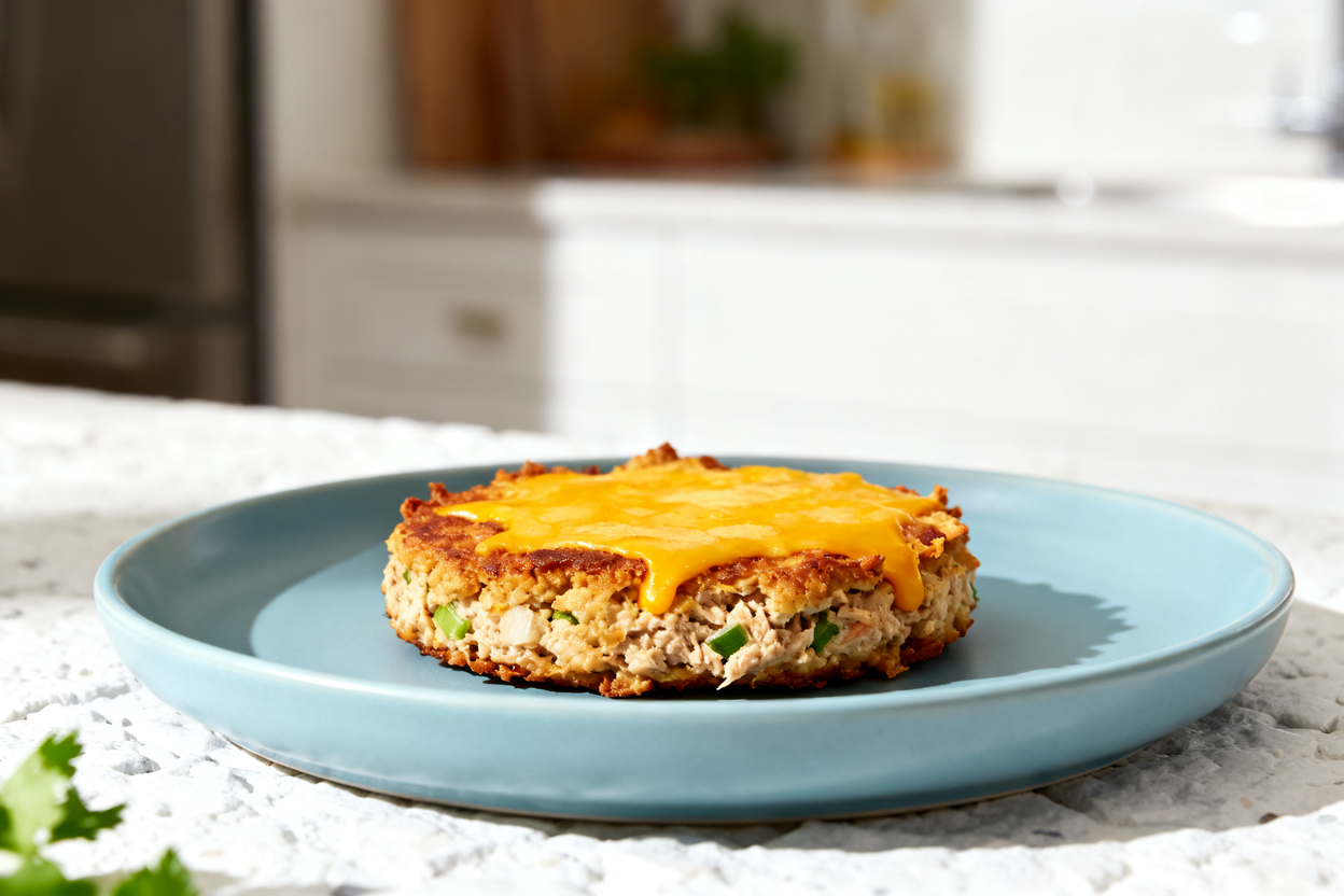  (about 40 degrees) of the same keto tuna melt patty served on light blue ceramic dishware, centered