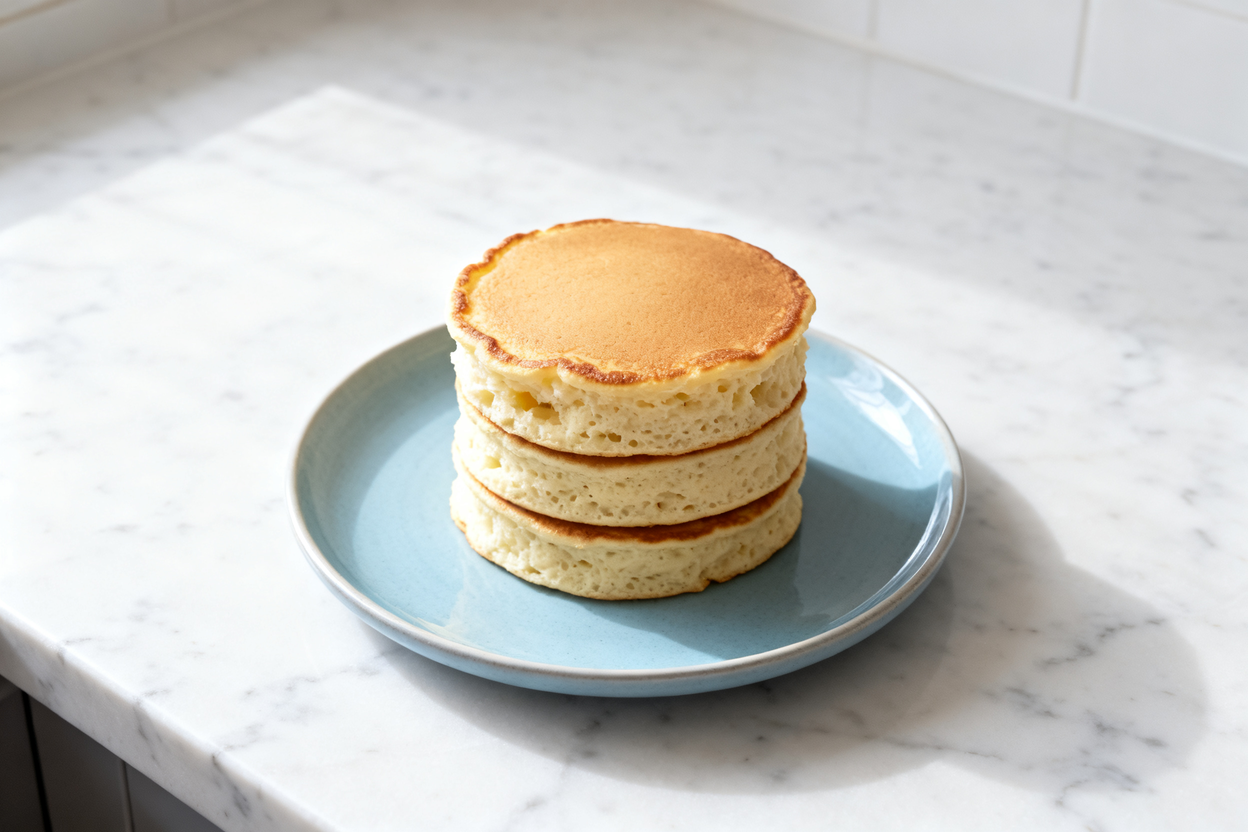 view of a single serving of Japanese Keto Pancakes, plated as a neat vertical stack of three tall,