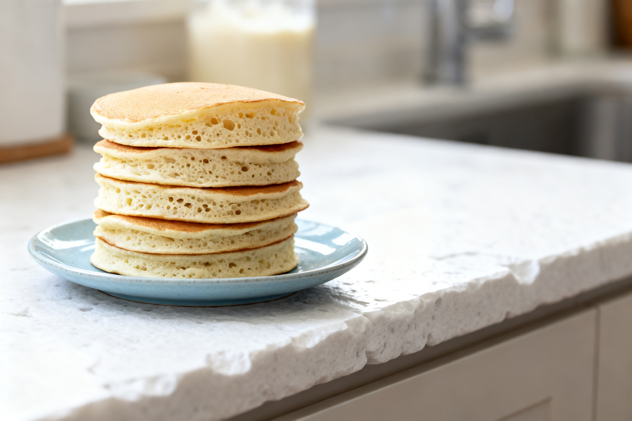 o shot at about 40 degrees of the same precisely assembled stack of Japanese Keto Pancakes, again se