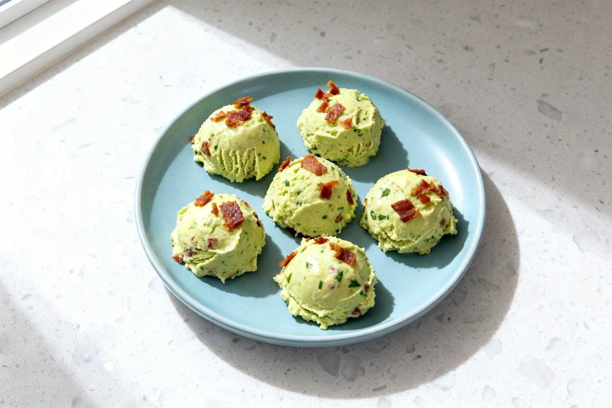 top-down food photo of Bacon Guacamole Fat Bombs: six evenly sized bite-shaped round scoops (fat bom
