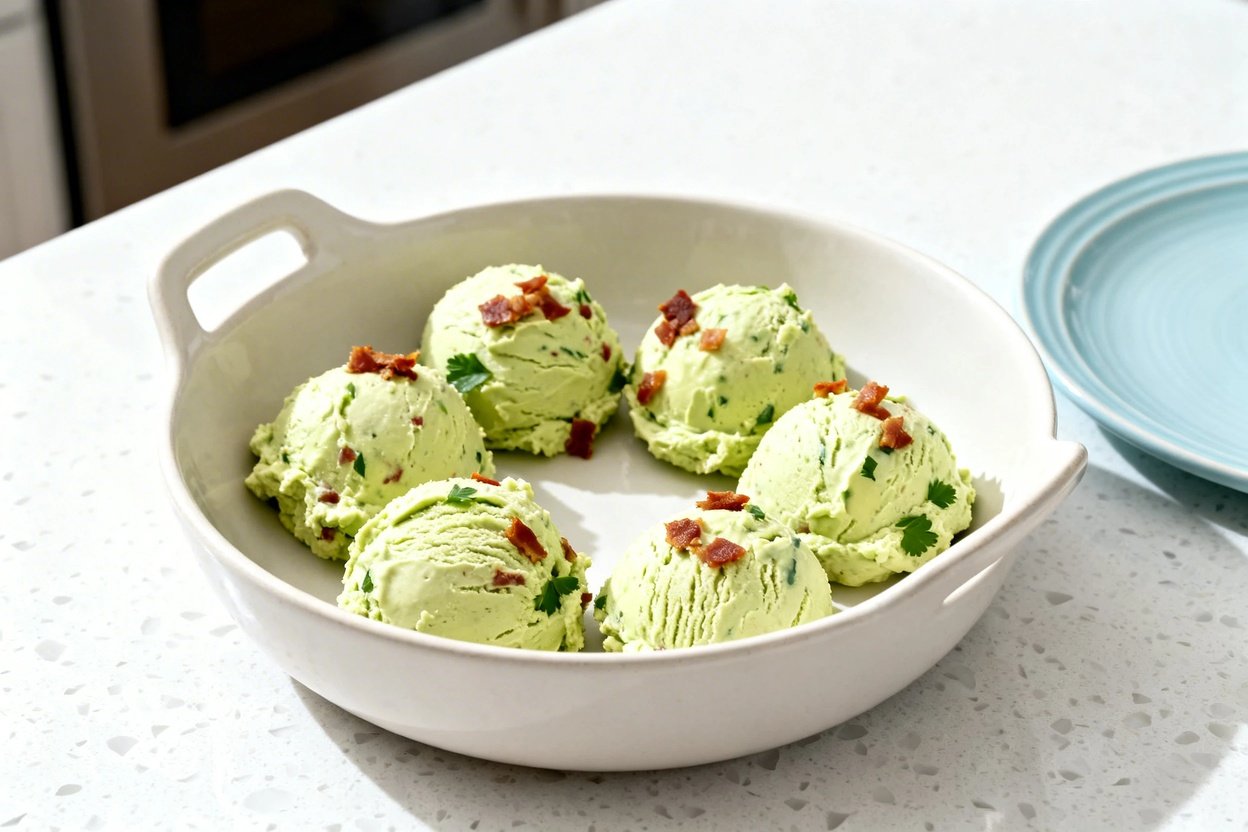 bout 35 degrees) realistic food photo of the same Bacon Guacamole Fat Bombs in the same form and por