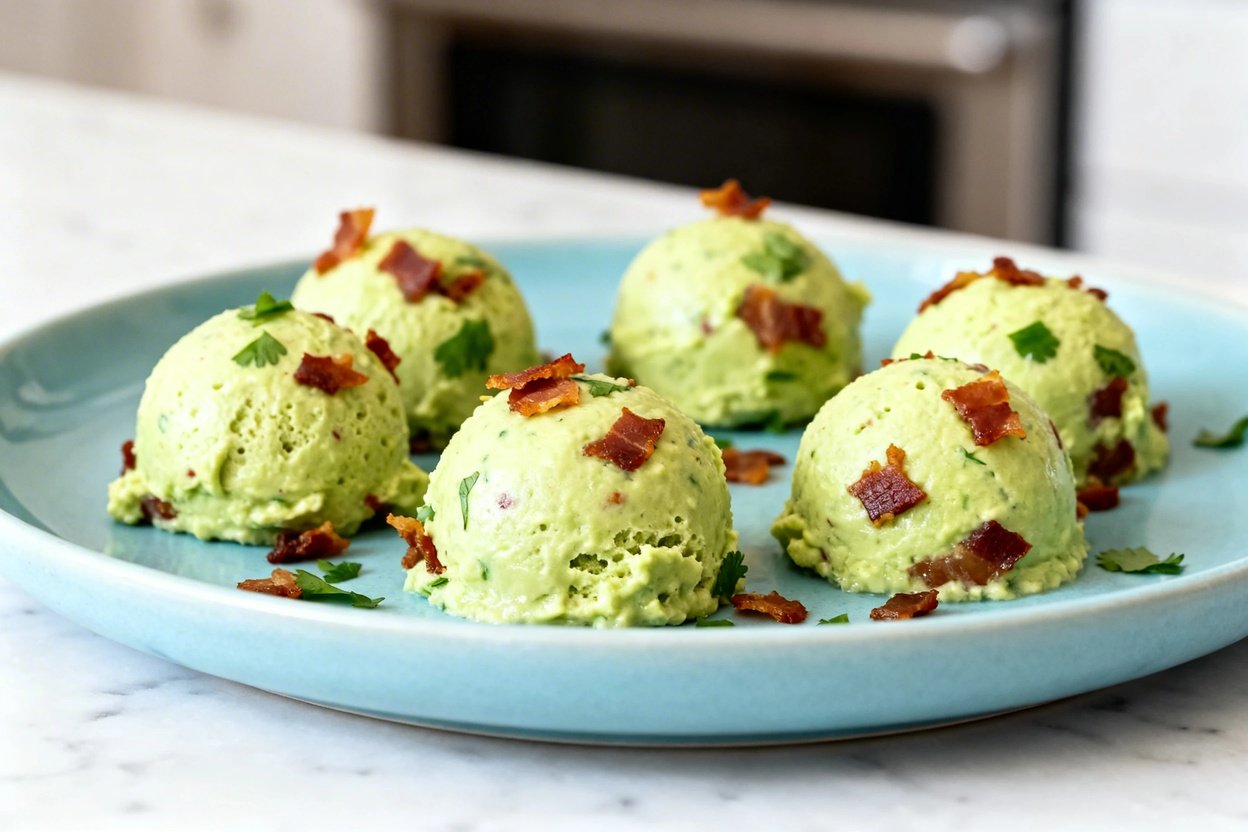  shot (about 40–45 degrees) of the plated Bacon Guacamole Fat Bombs on the same light blue ceramic p