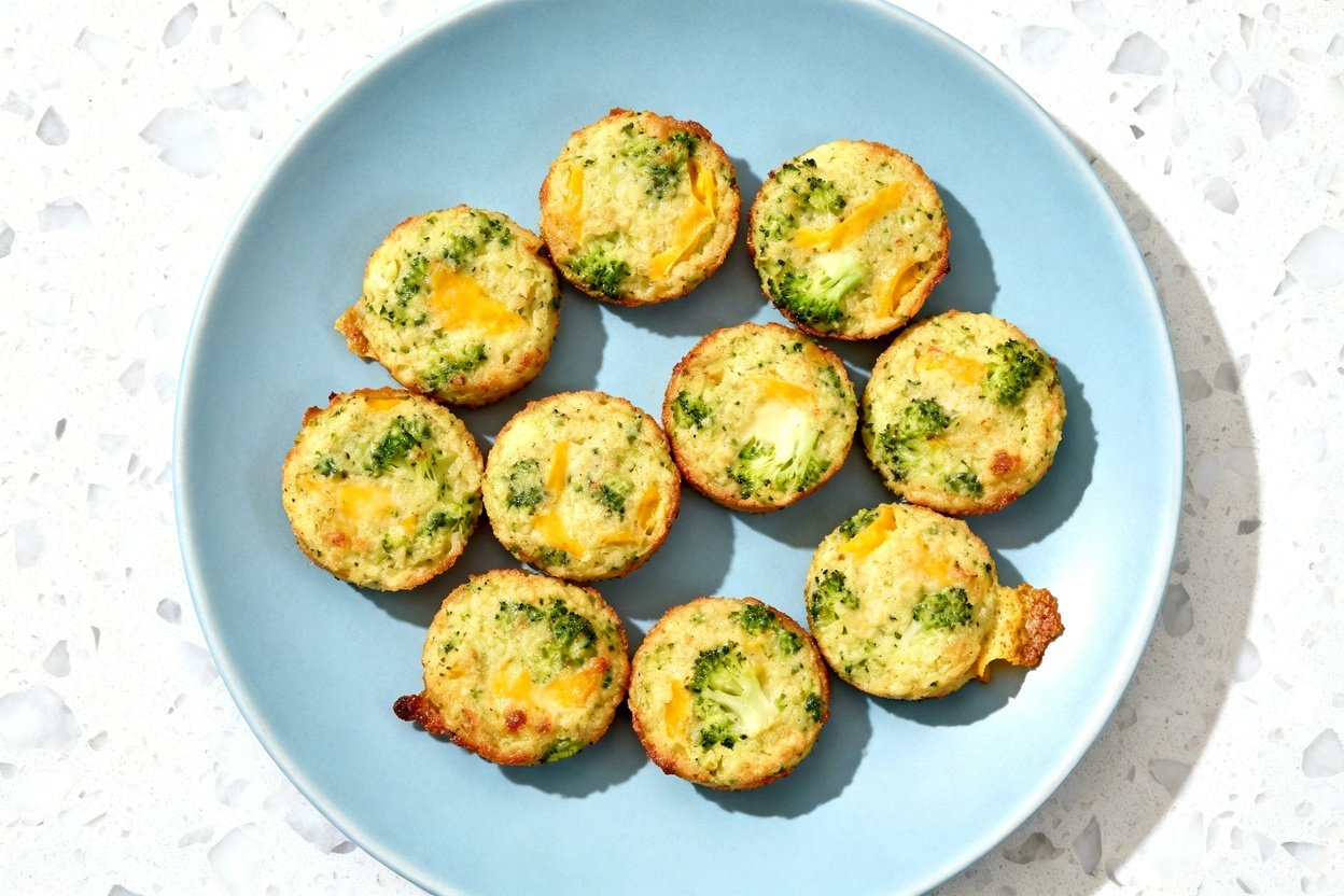 top-down food photo of keto broccoli cheddar bites: a single serving of 7–8 small round baked bites