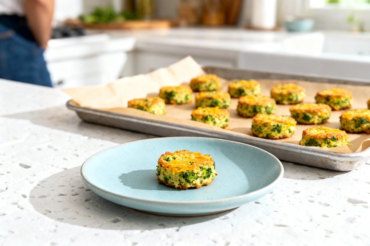 –40 degree perspective of the same finished keto broccoli cheddar bites in the final cooking vessel: