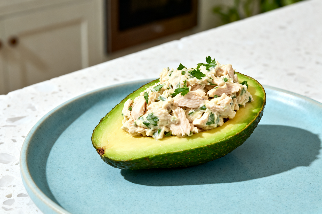 the same Chicken Salad Stuffed Avocado as in Images 1 and 2, plated on a light blue ceramic plate. T