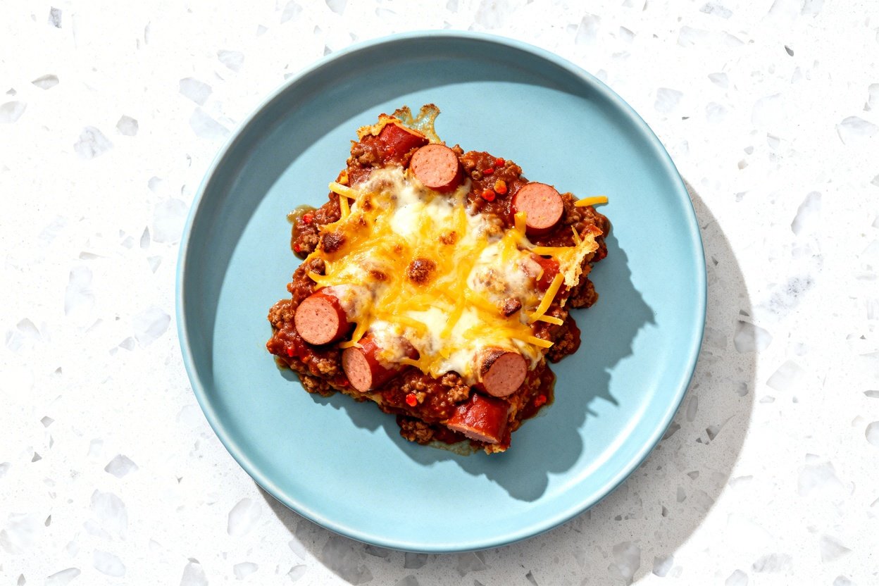 top-down food photo of a single serving of keto chili dog casserole plated on an identical light blu