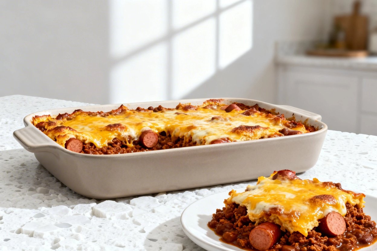 –40 degree camera view of the same finished keto chili dog casserole during the same session, shown 