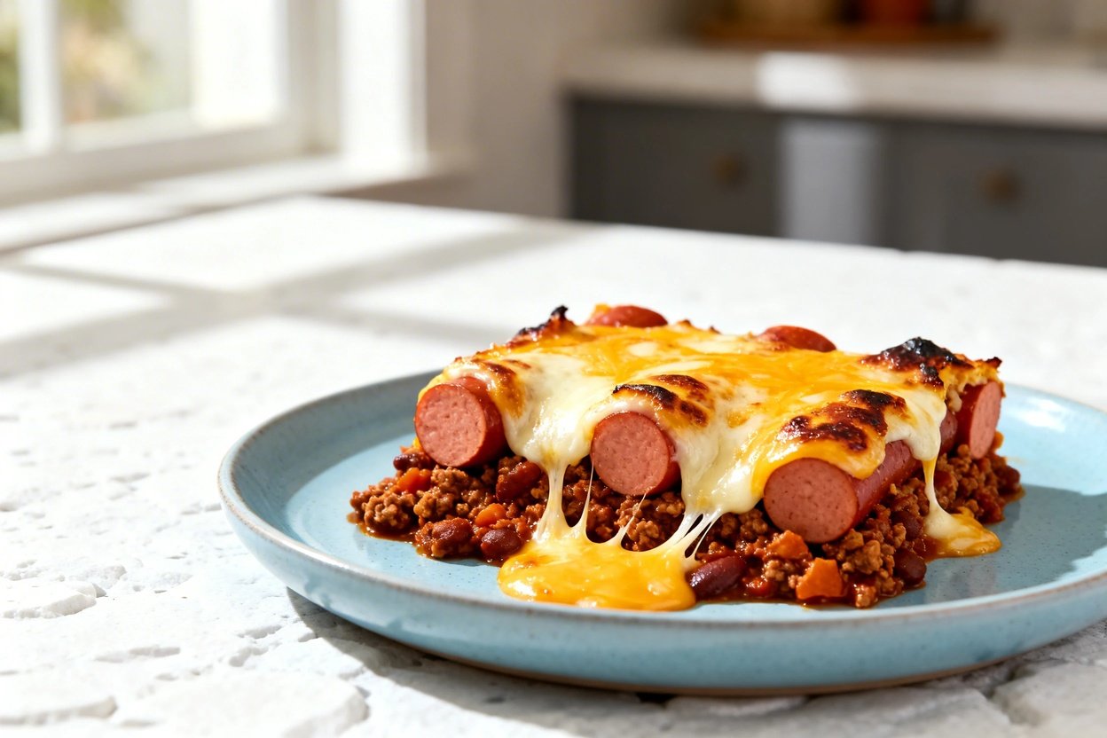  shot at about 30–45 degrees of the same keto chili dog casserole plated on the same style light blu