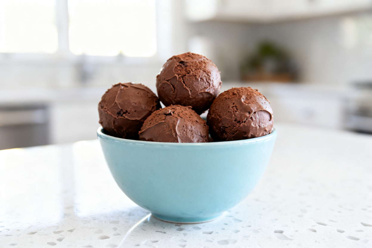 around 35 degrees) camera perspective showing the same five chocolate cheesecake protein balls, casu