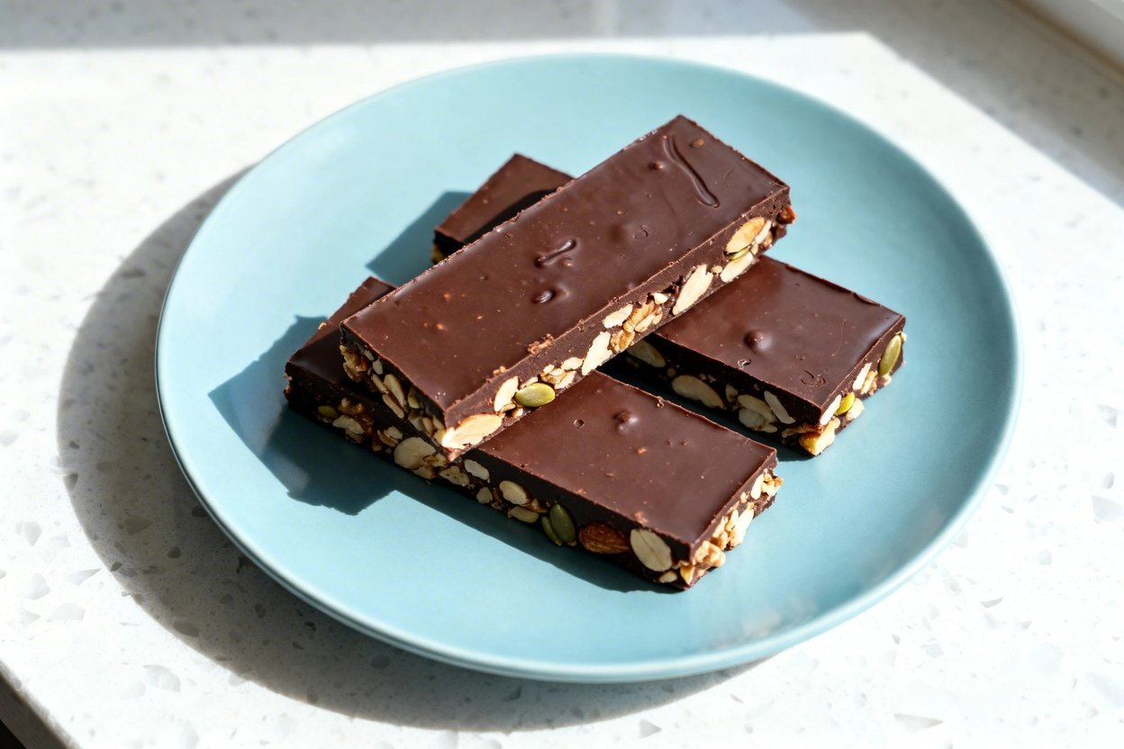 top-down food photo of a single serving of keto chocolate crunch candy bars: 3 rectangular chocolate