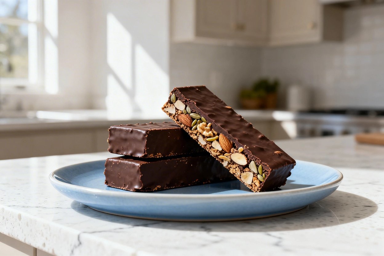 –40 degree camera view of the same finished keto chocolate crunch candy bars (same rectangular shape