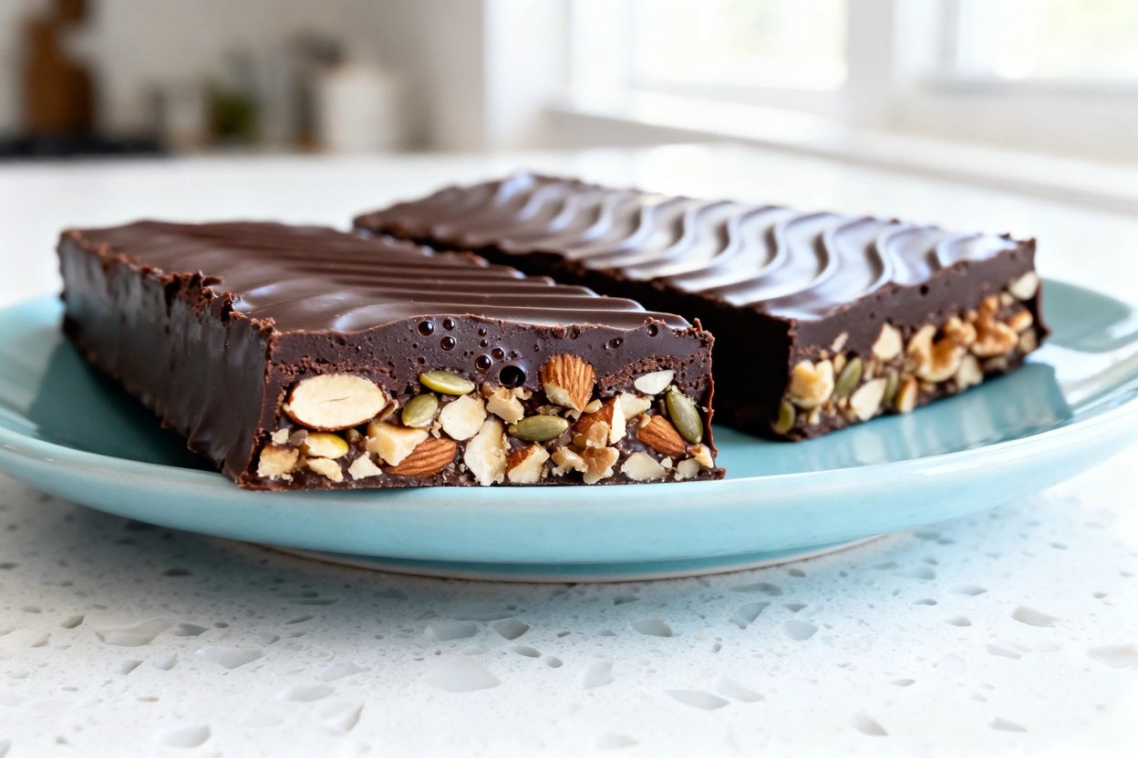  shot at about 30–45 degrees of the same keto chocolate crunch candy bars on the same light blue cer