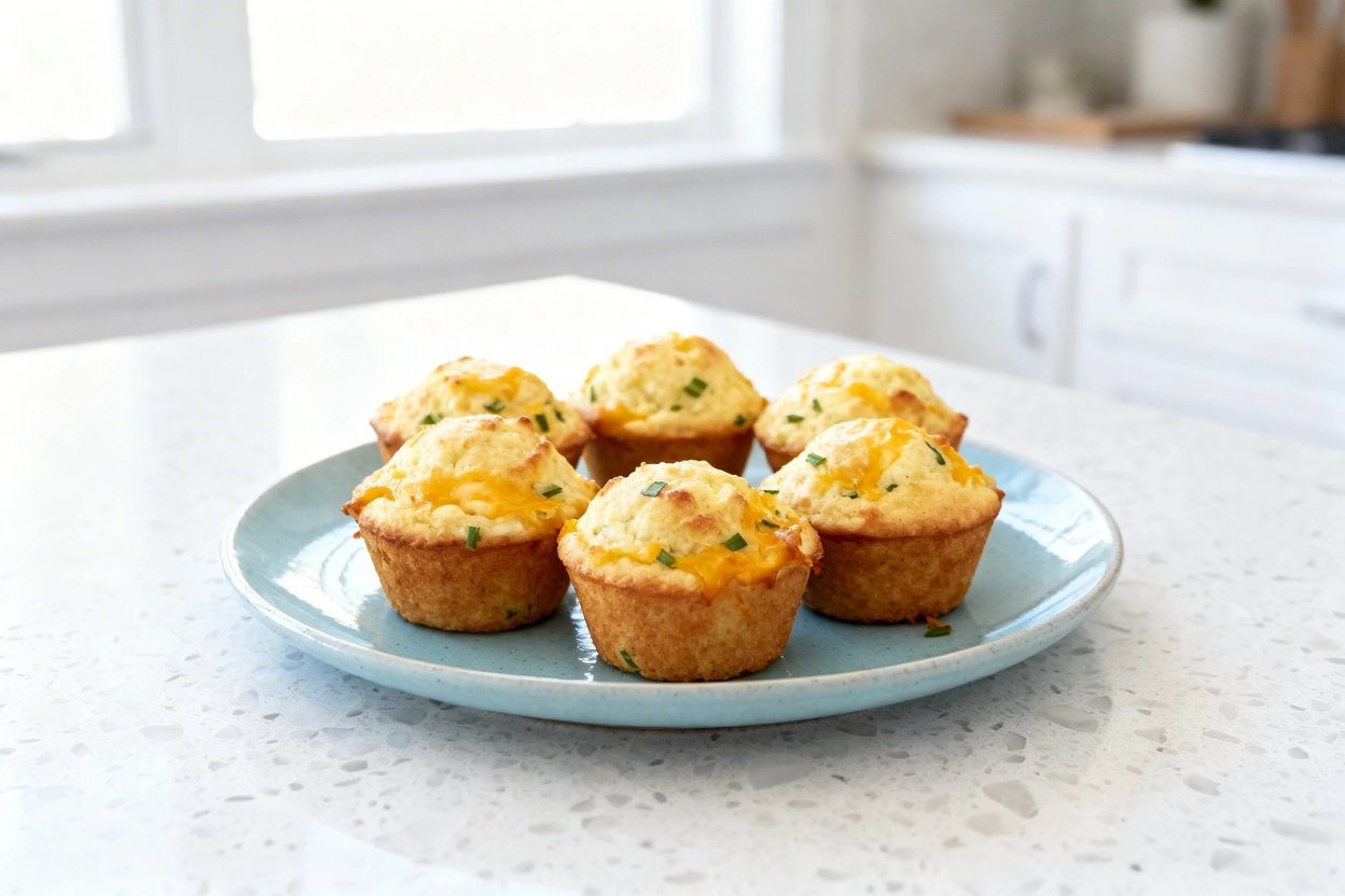 –40 degree camera perspective showing the exact same finished keto cottage cheese muffins (same dome