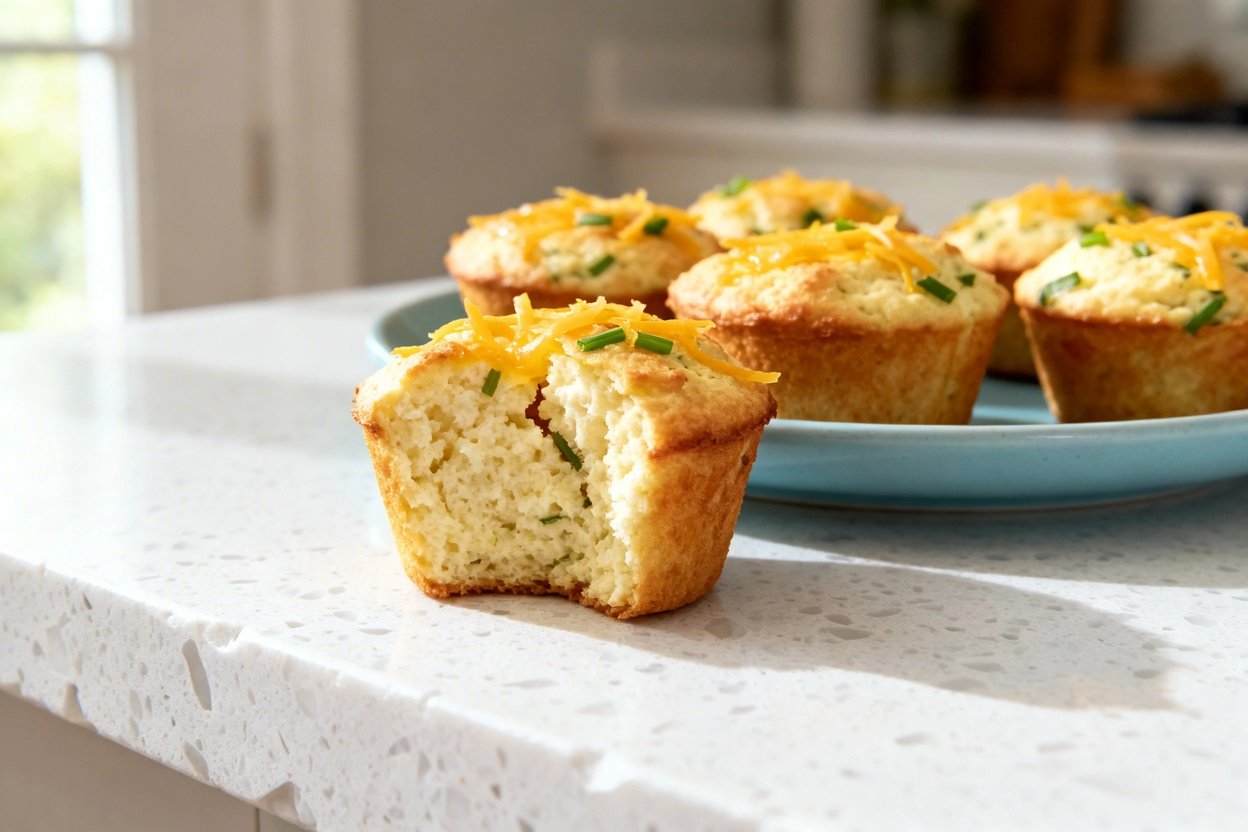  shot at about 30–45 degrees focusing on the same finished keto cottage cheese muffins on the same l