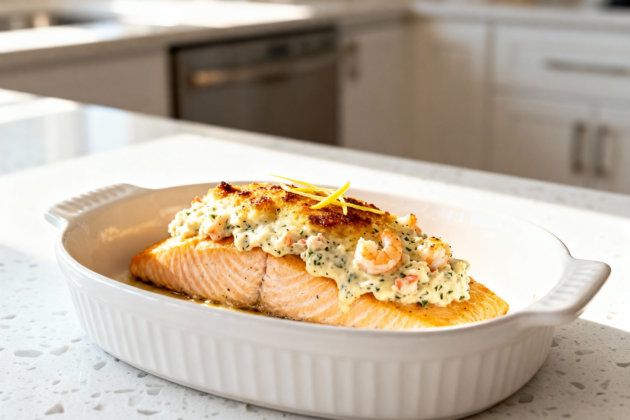 (around 35 degrees) view of the same portion of keto crab and shrimp stuffed salmon as in Image 1, s