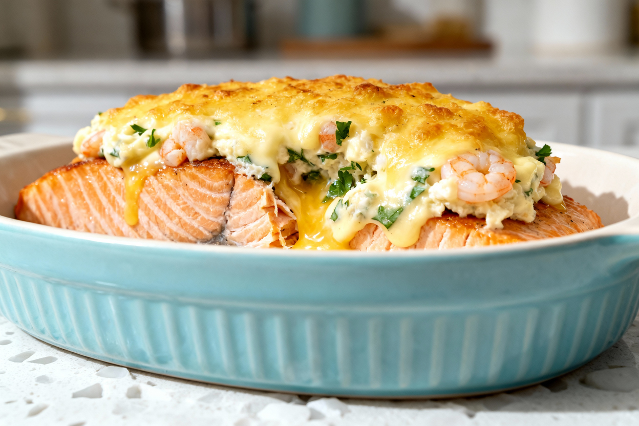 hot of the exact same serving of keto crab and shrimp stuffed salmon featured in the previous images