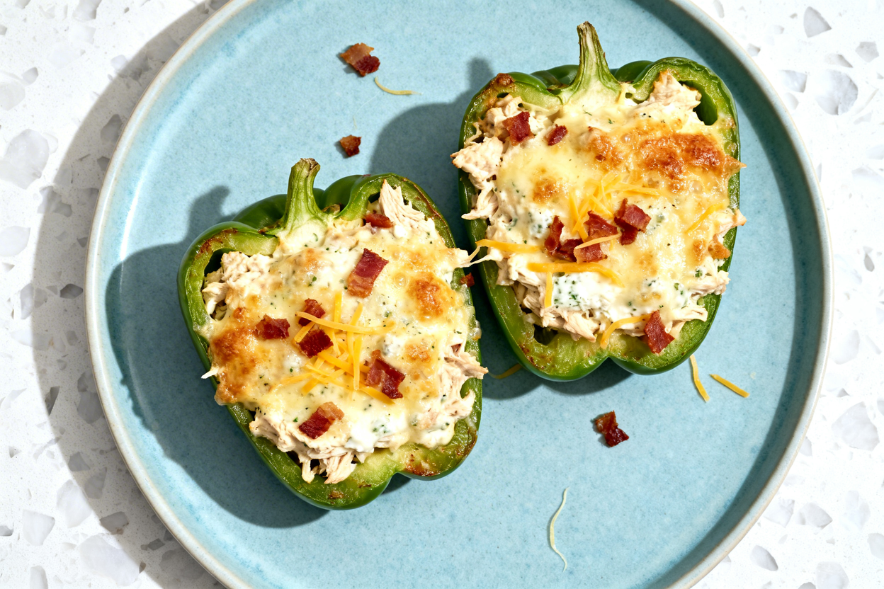 top-down food photo of keto crack chicken stuffed peppers: two sweet bell pepper halves (same size a