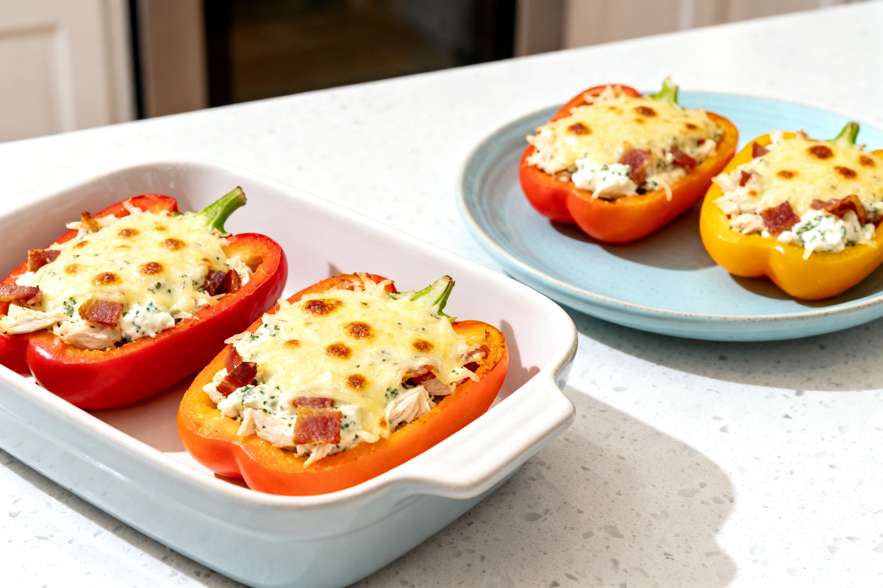 –40 degree perspective showing the exact same finished keto crack chicken stuffed peppers (two bell
