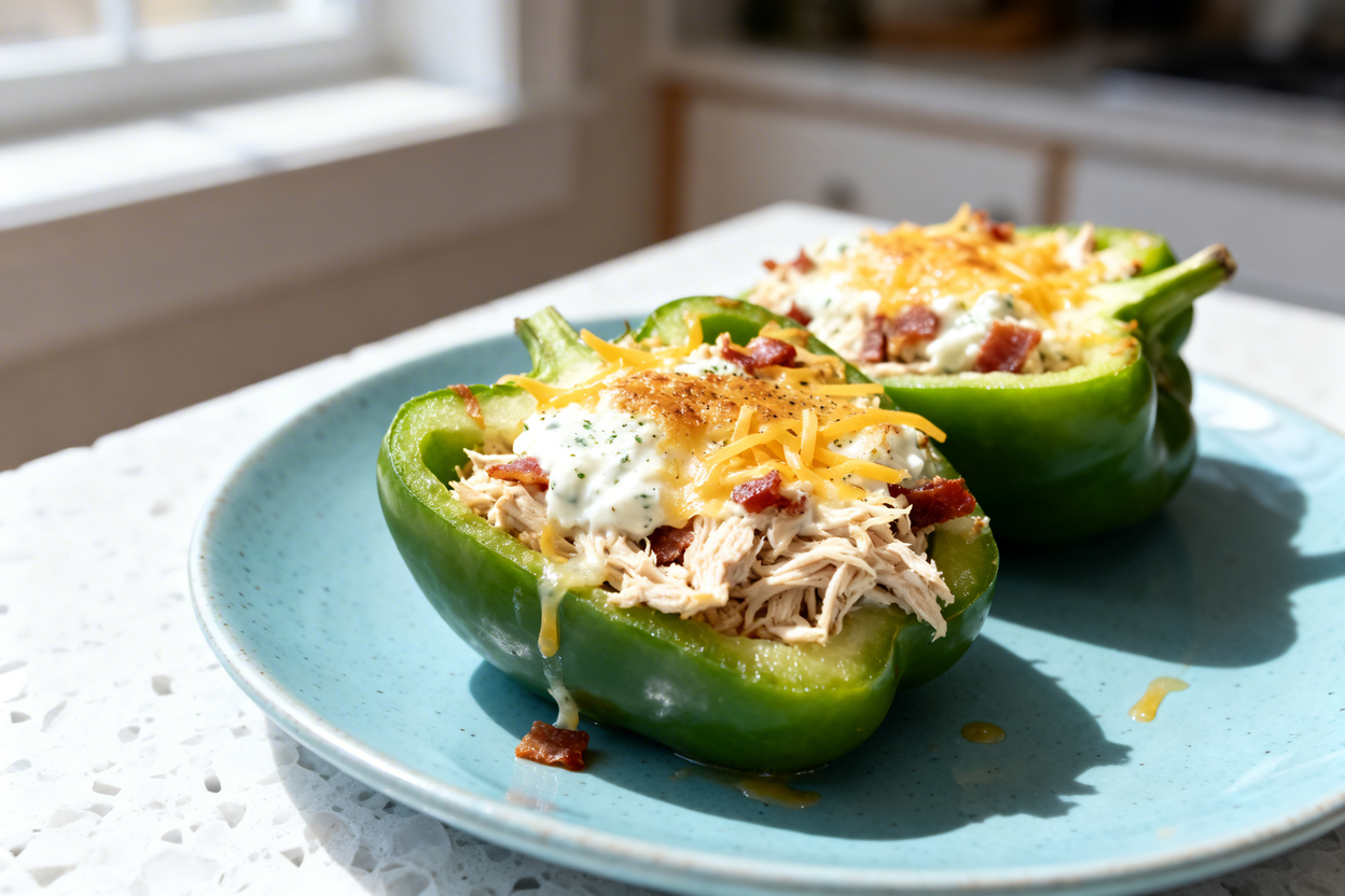  shot at 30–45 degrees of the same plated serving: two keto crack chicken stuffed pepper halves on t